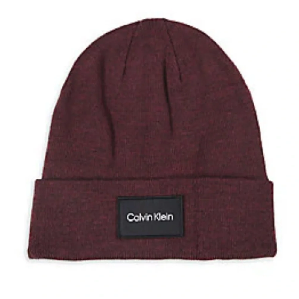 Calvin Klein Men’s Woven Patch Beanie - Burgundy Knit Hat - NWT